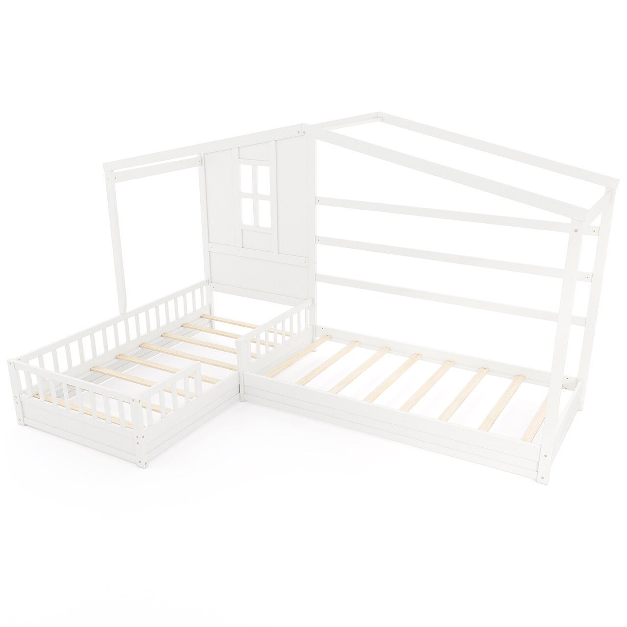 L-shaped Corner Twin House Bed with Guardrails, Creative Roof Design, Solid Wood Frame, and Easy Access